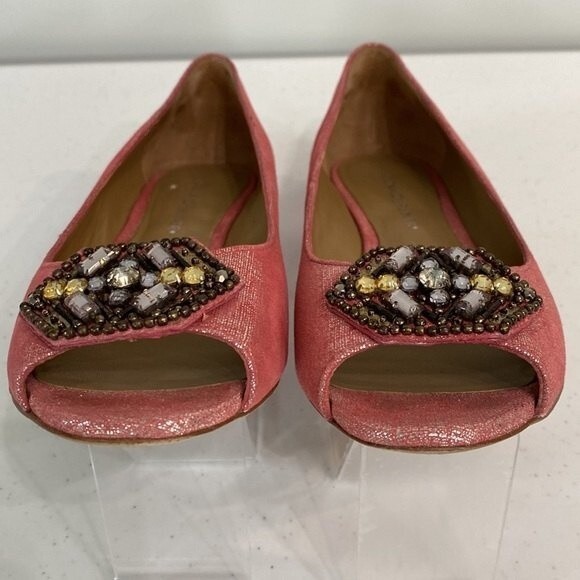 Donald J Pliner Pink Sonnet Demi-Wedge Flats Jeweled Peep Toe Shimmer Barbiecore - Picture 9 of 16